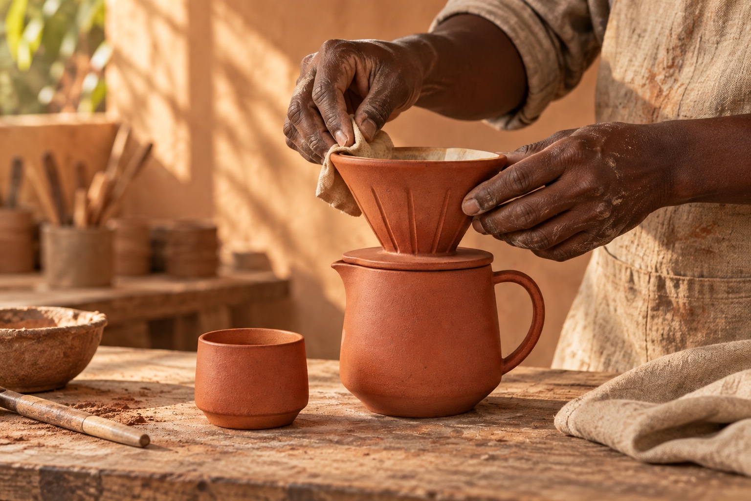 A ceramicist finishing the terracotta Dawn Brew Set by hand